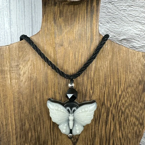Tai Chi Stone Butterfly Pendant Necklace on Adjustable Black Rope - Picture 11 of 13